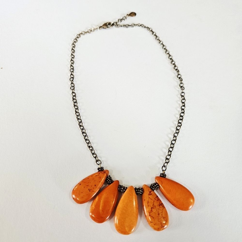 Barse Polished Coral Teardrop Pendant Bronze Dangle Statement Bib Necklace